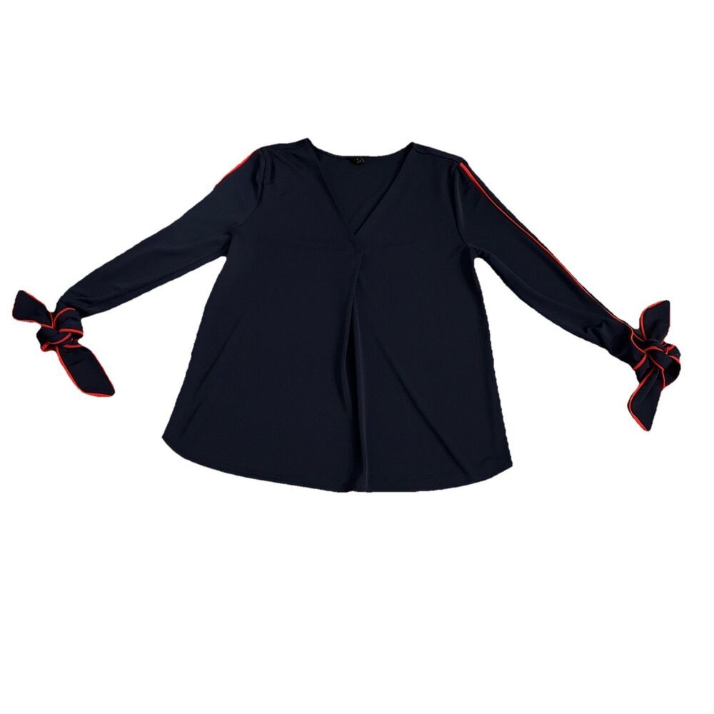 Ann Taylor Women’s Top Medium Navy Blue Red Bow Cuff Career